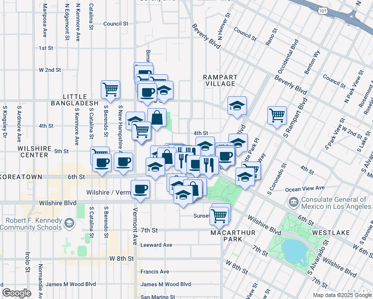 map of restaurants, bars, coffee shops, grocery stores, and more near 500 South Virgil Avenue in Los Angeles