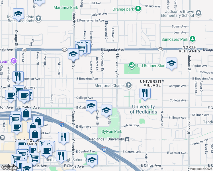 map of restaurants, bars, coffee shops, grocery stores, and more near 946 Campus Avenue in Redlands