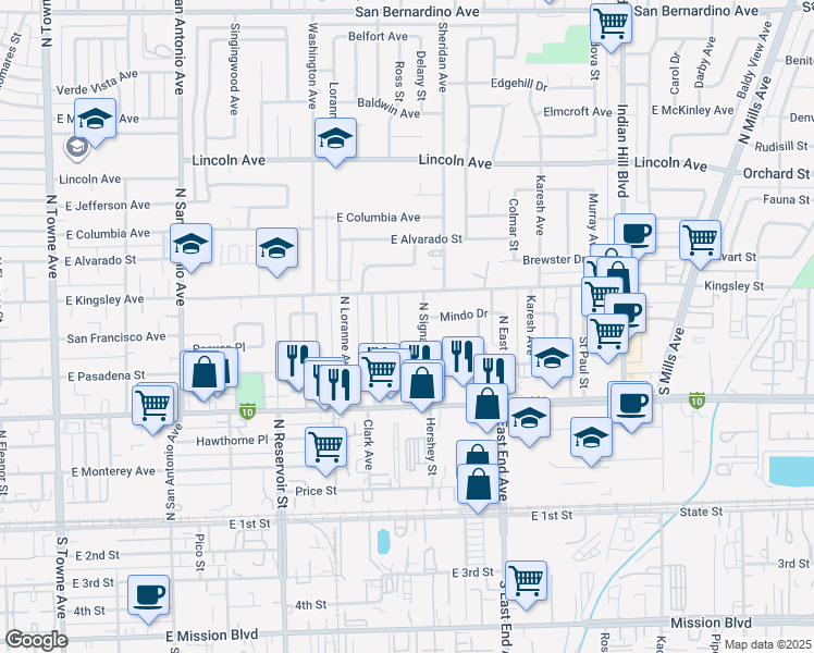 map of restaurants, bars, coffee shops, grocery stores, and more near 704 Mountain Avenue in Pomona