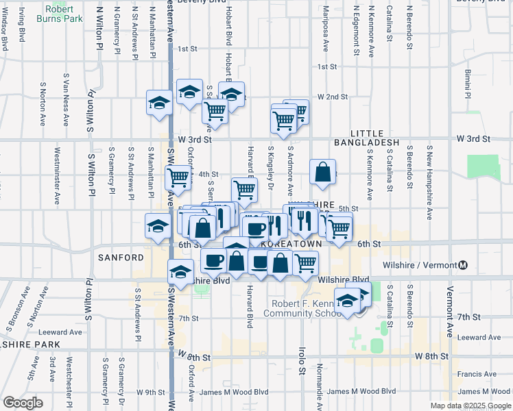 map of restaurants, bars, coffee shops, grocery stores, and more near 456 South Harvard Boulevard in Los Angeles