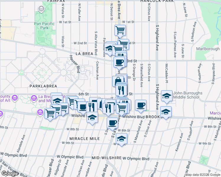 map of restaurants, bars, coffee shops, grocery stores, and more near 445 South Detroit Street in Los Angeles
