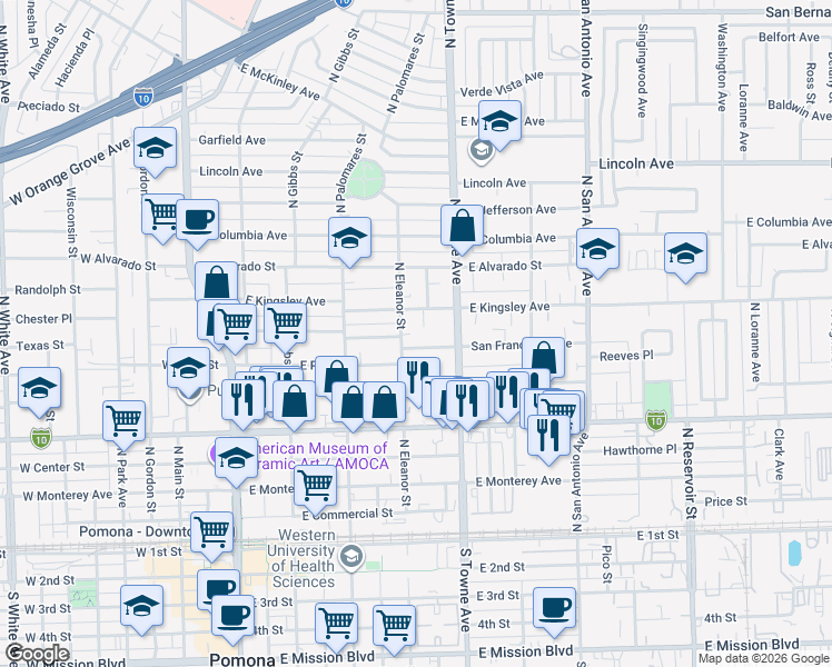 map of restaurants, bars, coffee shops, grocery stores, and more near 743 North Eleanor Street in Pomona