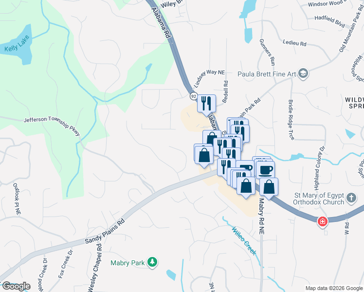 map of restaurants, bars, coffee shops, grocery stores, and more near 4686 Monticello Circle in Marietta