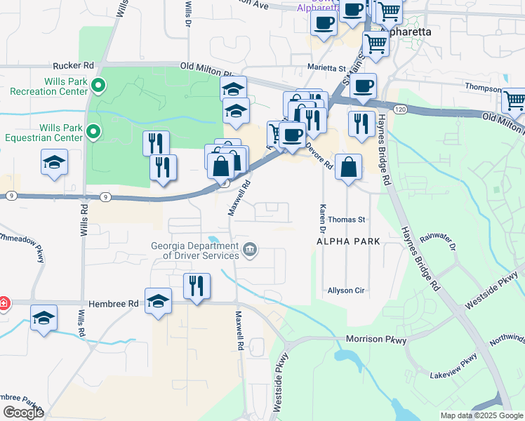 map of restaurants, bars, coffee shops, grocery stores, and more near 2055 Kilmington Square in Alpharetta