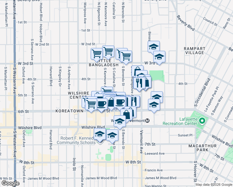 map of restaurants, bars, coffee shops, grocery stores, and more near 501 South Berendo Street in Los Angeles