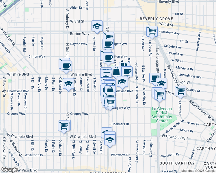 map of restaurants, bars, coffee shops, grocery stores, and more near 8742 Charleville Boulevard in Beverly Hills