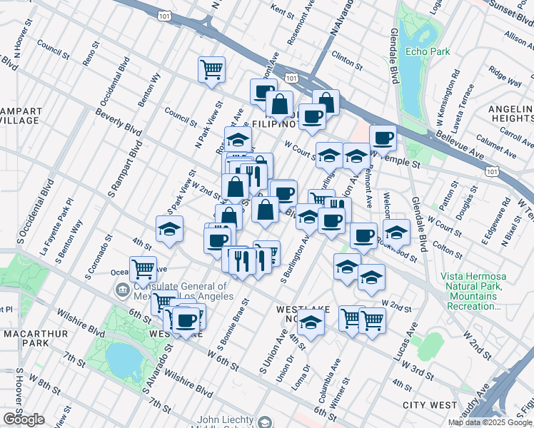 map of restaurants, bars, coffee shops, grocery stores, and more near 119 South Westlake Avenue in Los Angeles