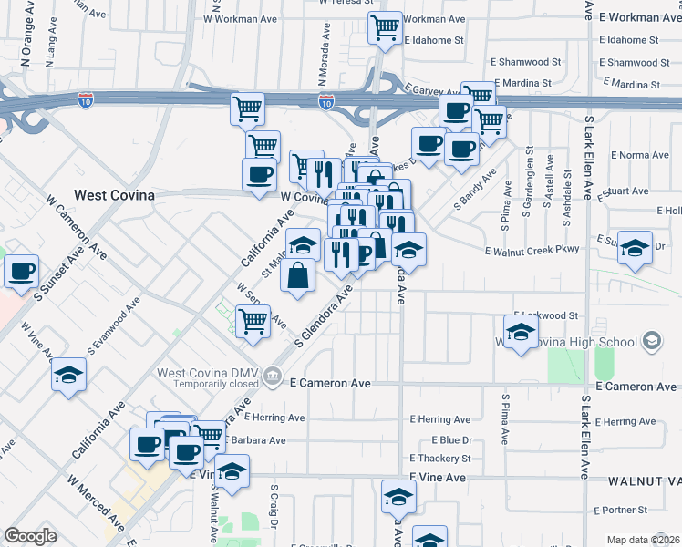 map of restaurants, bars, coffee shops, grocery stores, and more near 537 South Glendora Avenue in West Covina
