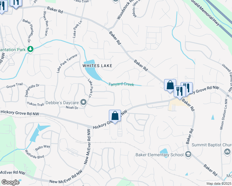 map of restaurants, bars, coffee shops, grocery stores, and more near 2656 Lake Park Bend in Acworth