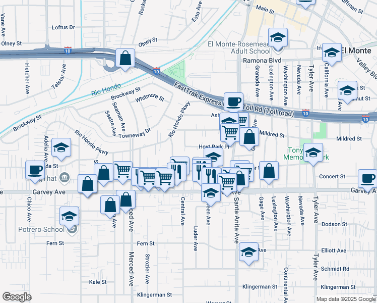 map of restaurants, bars, coffee shops, grocery stores, and more near 10309 Bodger Street in El Monte