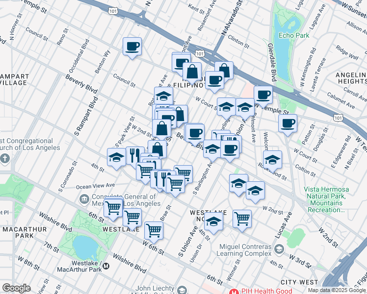 map of restaurants, bars, coffee shops, grocery stores, and more near 119 South Westlake Avenue in Los Angeles