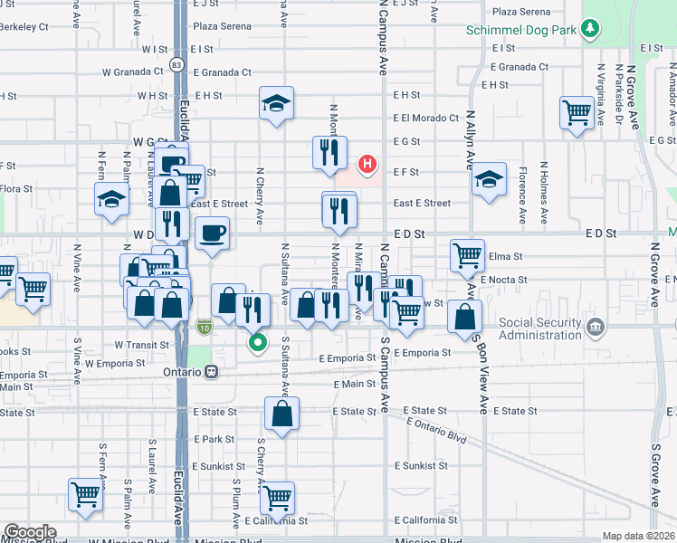map of restaurants, bars, coffee shops, grocery stores, and more near 230 North Monterey Avenue in Ontario