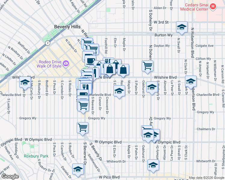 map of restaurants, bars, coffee shops, grocery stores, and more near 145 South Elm Drive in Beverly Hills