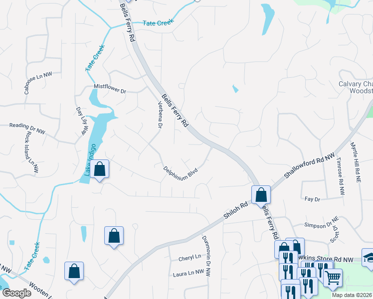 map of restaurants, bars, coffee shops, grocery stores, and more near 426 Delphinium Court in Acworth