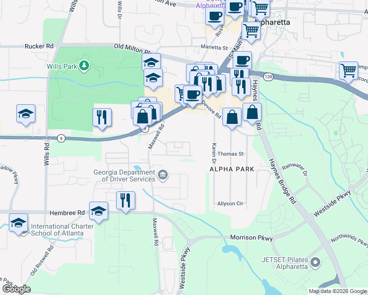 map of restaurants, bars, coffee shops, grocery stores, and more near 2215 Kilmington Square in Alpharetta