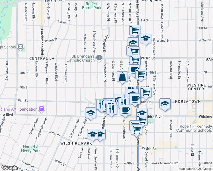 map of restaurants, bars, coffee shops, grocery stores, and more near 456 South Wilton Place in Los Angeles