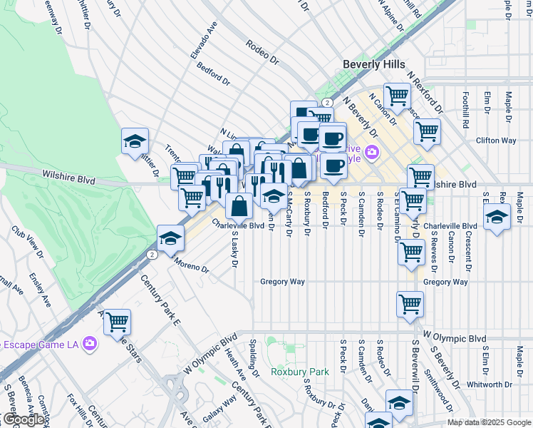 map of restaurants, bars, coffee shops, grocery stores, and more near 9758 Charleville Boulevard in Beverly Hills
