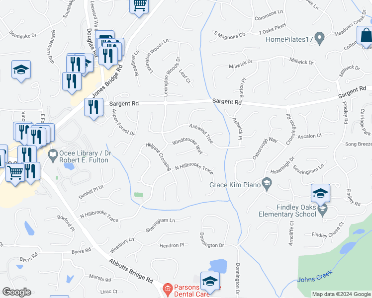 map of restaurants, bars, coffee shops, grocery stores, and more near 1025 Vinebrook Lane in Alpharetta