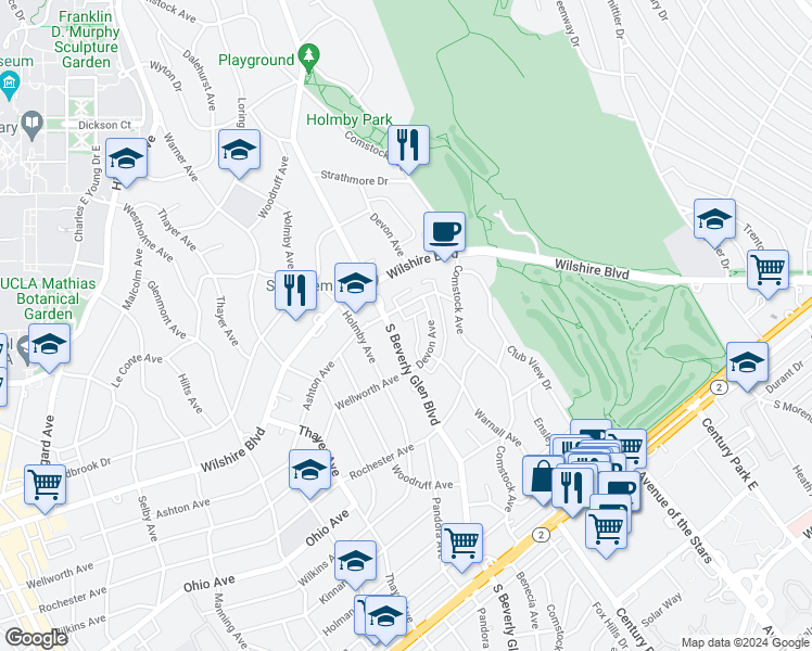 map of restaurants, bars, coffee shops, grocery stores, and more near 1250 South Beverly Glen Boulevard in Los Angeles