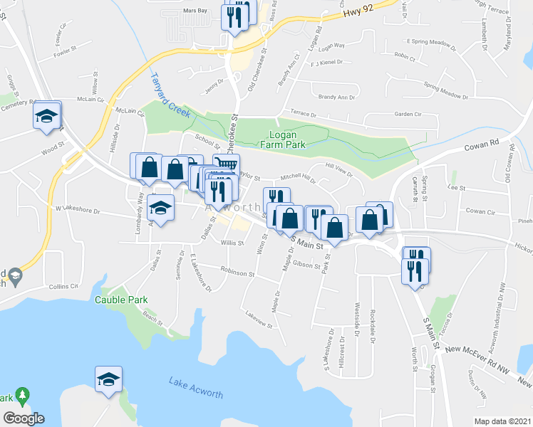 map of restaurants, bars, coffee shops, grocery stores, and more near 4274 Southside Drive in Acworth