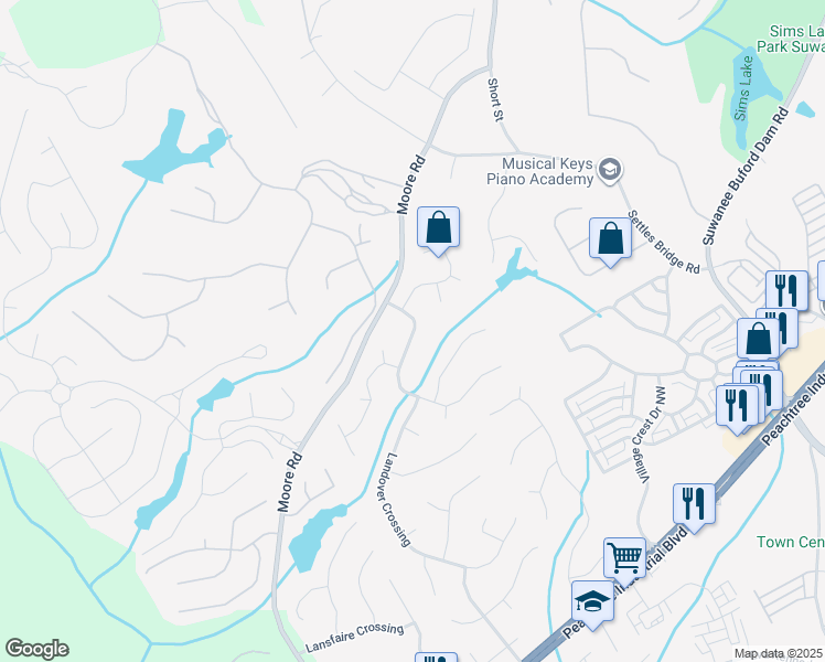 map of restaurants, bars, coffee shops, grocery stores, and more near 4560 Landover Way Northwest in Suwanee