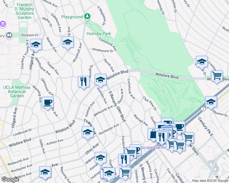 map of restaurants, bars, coffee shops, grocery stores, and more near 1250 South Beverly Glen Boulevard in Los Angeles