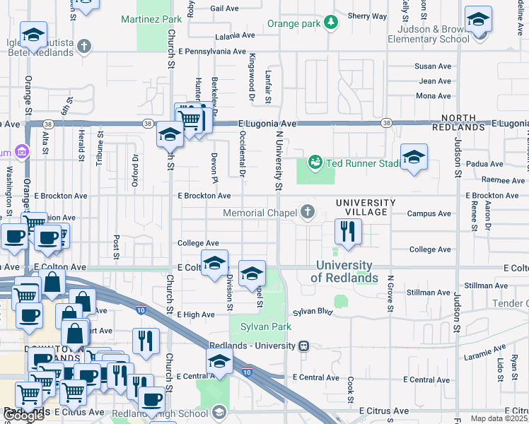 map of restaurants, bars, coffee shops, grocery stores, and more near 1030 Campus Avenue in Redlands