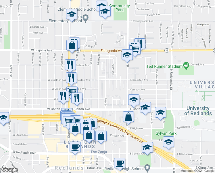 map of restaurants, bars, coffee shops, grocery stores, and more near 930 Post Street in Redlands