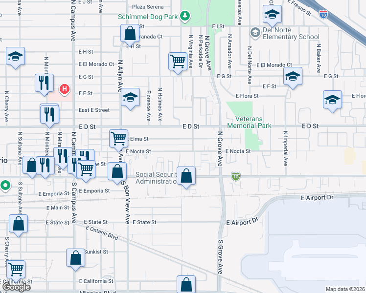 map of restaurants, bars, coffee shops, grocery stores, and more near 1110 East Nocta Street in Ontario