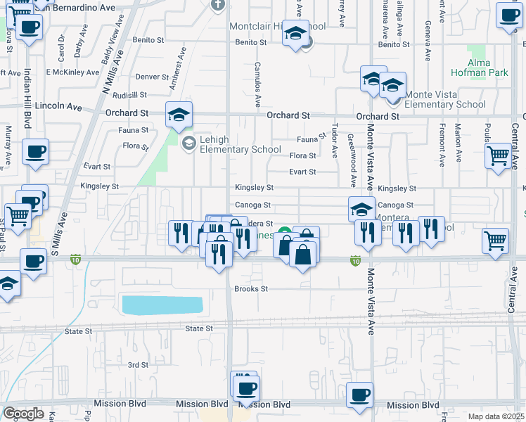 map of restaurants, bars, coffee shops, grocery stores, and more near 4594 Bandera Street in Montclair
