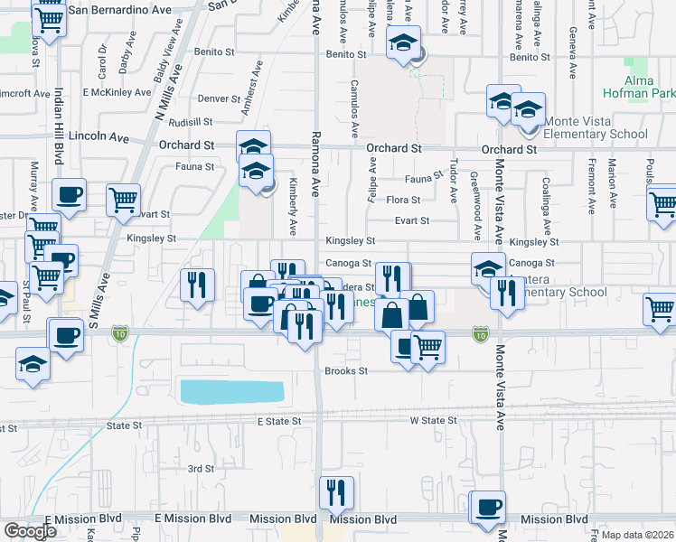 map of restaurants, bars, coffee shops, grocery stores, and more near 4524 Bandera Street in Montclair