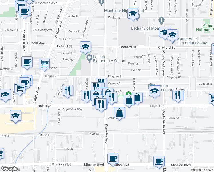 map of restaurants, bars, coffee shops, grocery stores, and more near 4524 Bandera Street in Montclair