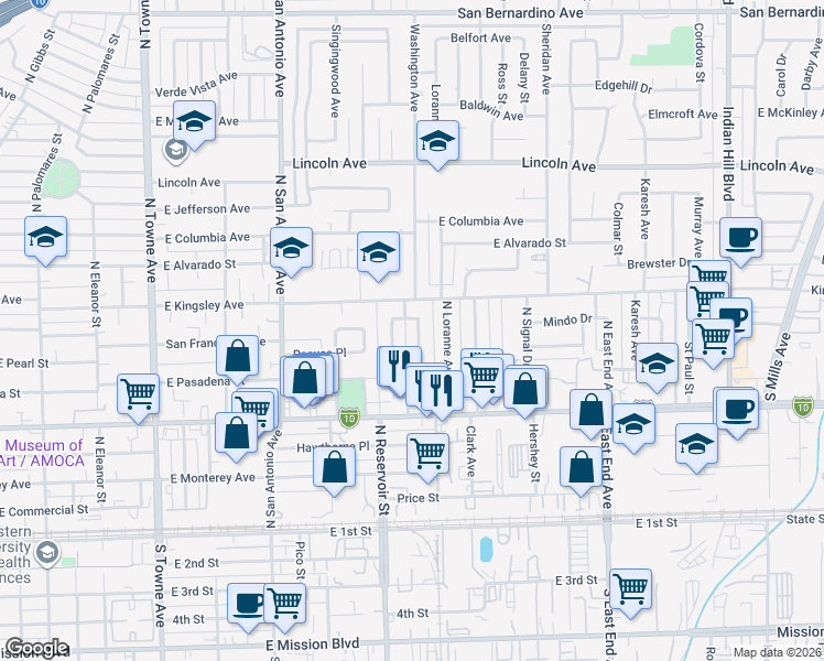 map of restaurants, bars, coffee shops, grocery stores, and more near 678 North Reservoir Street in Pomona