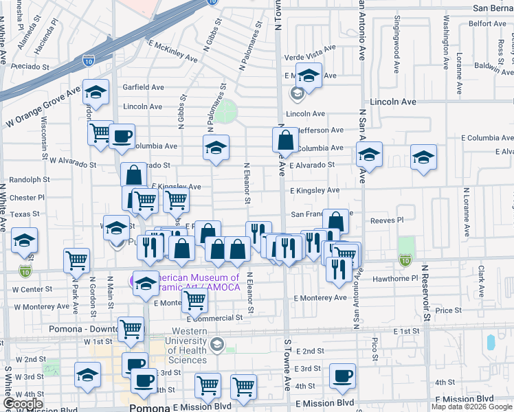 map of restaurants, bars, coffee shops, grocery stores, and more near 743 North Eleanor Street in Pomona