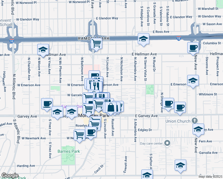 map of restaurants, bars, coffee shops, grocery stores, and more near 234 North Lincoln Avenue in Monterey Park