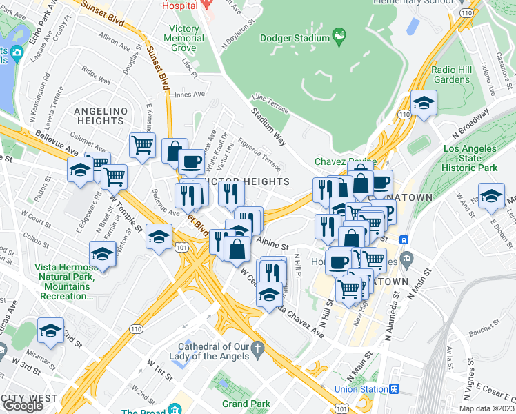 map of restaurants, bars, coffee shops, grocery stores, and more near 903 New Depot Street in Los Angeles