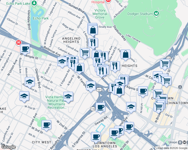 map of restaurants, bars, coffee shops, grocery stores, and more near 501 Victor Street in Los Angeles