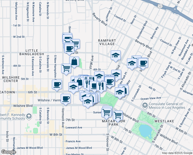 map of restaurants, bars, coffee shops, grocery stores, and more near 444 South Commonwealth Avenue in Los Angeles