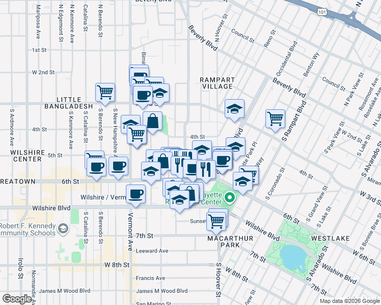map of restaurants, bars, coffee shops, grocery stores, and more near 500 South Virgil Avenue in Los Angeles