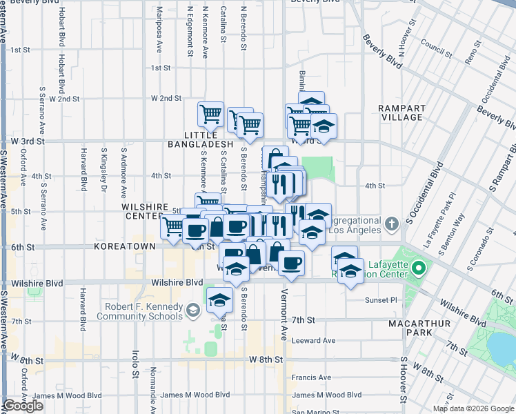 map of restaurants, bars, coffee shops, grocery stores, and more near 475 South New Hampshire Avenue in Los Angeles