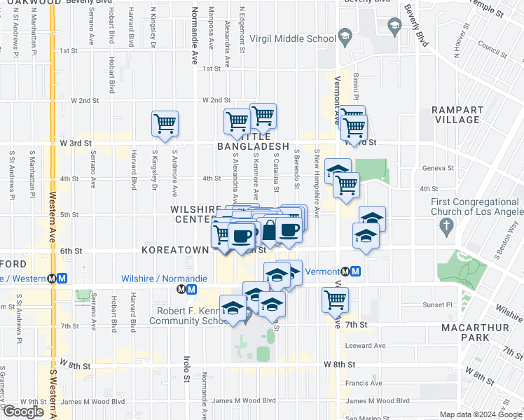 map of restaurants, bars, coffee shops, grocery stores, and more near 510 South Kenmore Avenue in Los Angeles
