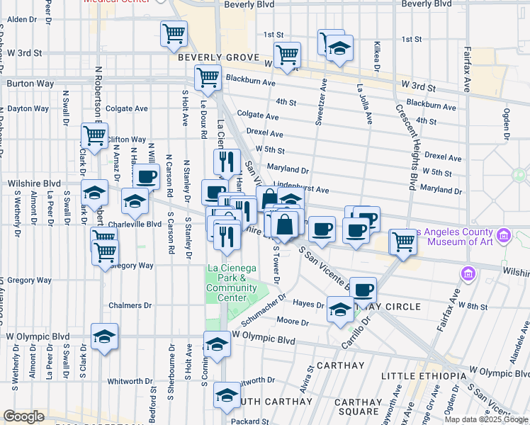 map of restaurants, bars, coffee shops, grocery stores, and more near 100-112 North Gale Drive in Beverly Hills