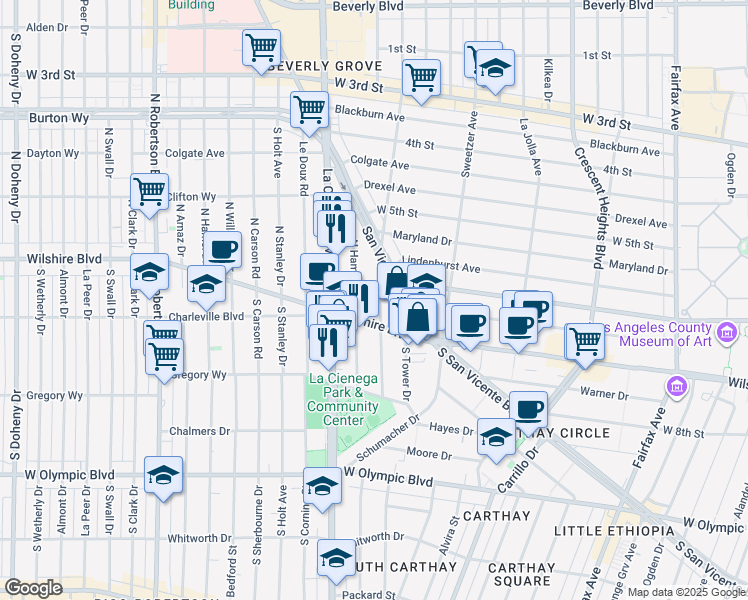 map of restaurants, bars, coffee shops, grocery stores, and more near 100-112 North Gale Drive in Beverly Hills