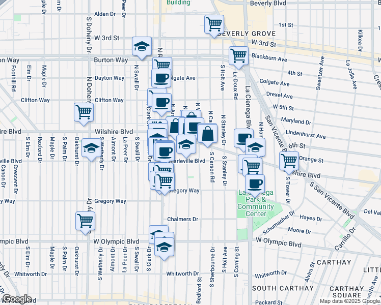 map of restaurants, bars, coffee shops, grocery stores, and more near 8710 Charleville Boulevard in Beverly Hills