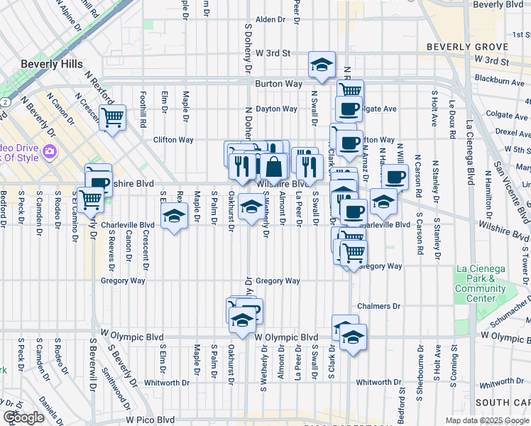 map of restaurants, bars, coffee shops, grocery stores, and more near 157 South Wetherly Drive in Beverly Hills