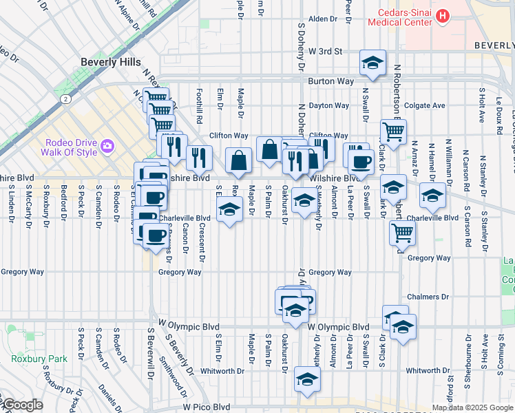map of restaurants, bars, coffee shops, grocery stores, and more near 183 South Palm Drive in Los Angeles