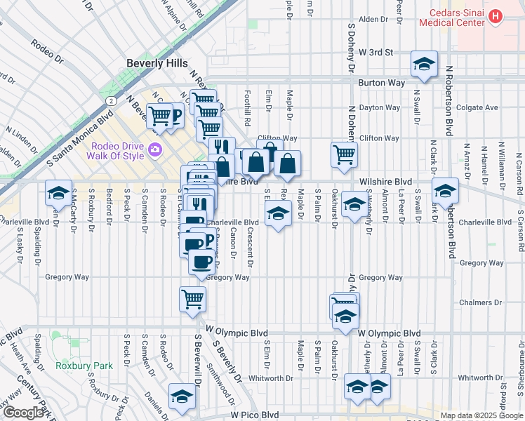 map of restaurants, bars, coffee shops, grocery stores, and more near 159 South Elm Drive in Beverly Hills
