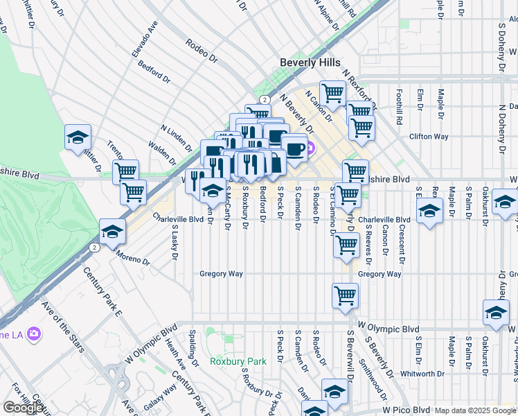 map of restaurants, bars, coffee shops, grocery stores, and more near 162 South Roxbury Drive in Beverly Hills