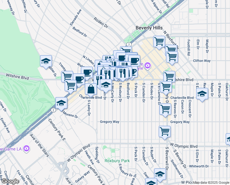 map of restaurants, bars, coffee shops, grocery stores, and more near 201 South McCarty Drive in Beverly Hills