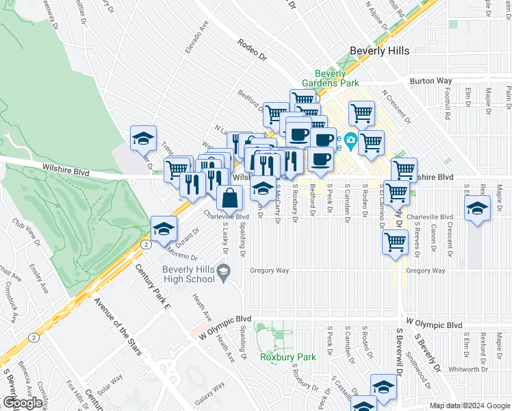 map of restaurants, bars, coffee shops, grocery stores, and more near 9758 Charleville Boulevard in Beverly Hills
